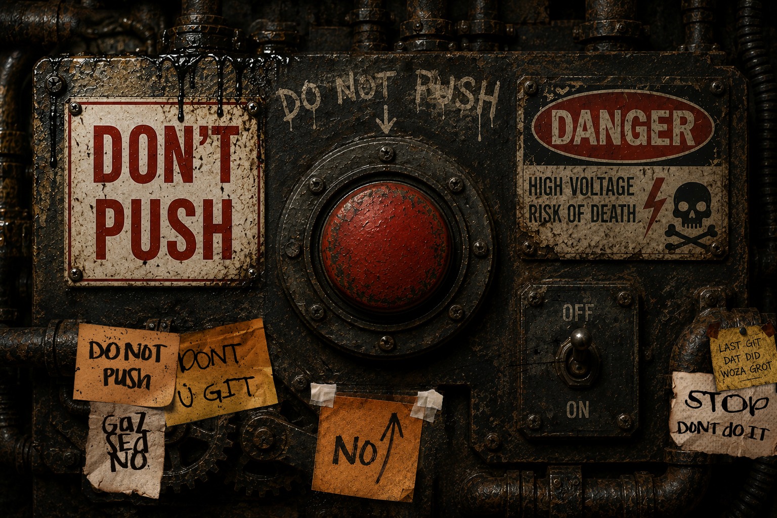 Battered industrial control panel with a red button and warning signs